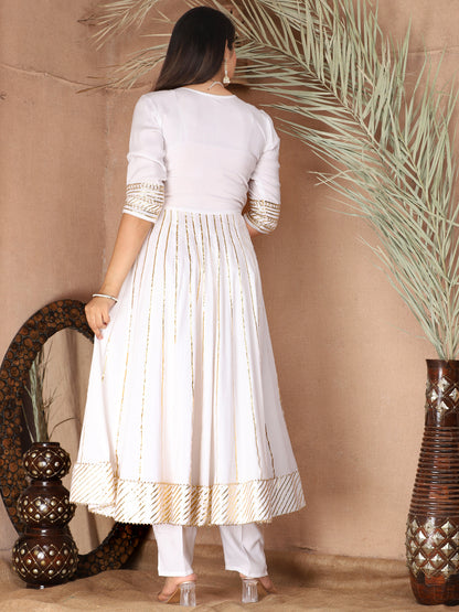 White Gota Patti Work Anarkali Primum Rayon Kurta Pant Set with Chiffon Dupatta –3 Piece Salwar Kameez-750084