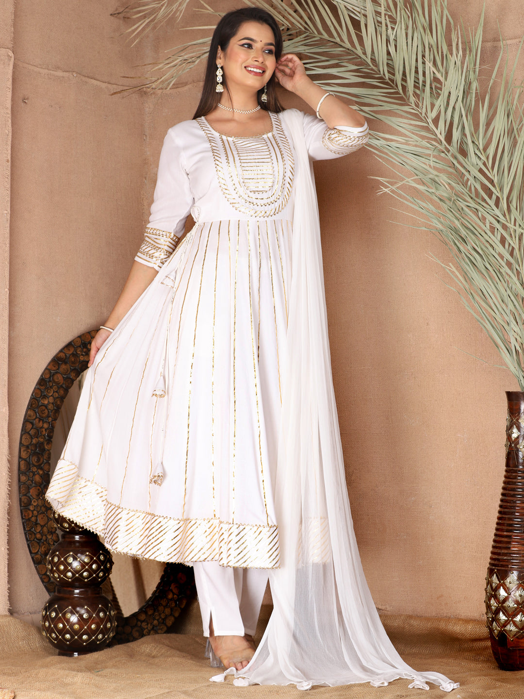 White Gota Patti Work Anarkali Primum Rayon Kurta Pant Set with Chiffon Dupatta –3 Piece Salwar Kameez-750084