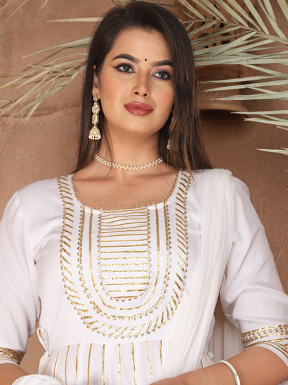 White Gota Patti Work Anarkali Primum Rayon Kurta Pant Set with Chiffon Dupatta –3 Piece Salwar Kameez-750084