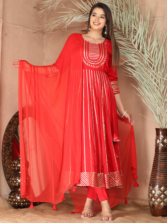 Red Gota Patti Work Anarkali Primum Rayon Kurta Pant Set with Chiffon Dupatta –3 Piece Salwar Kameez-750085
