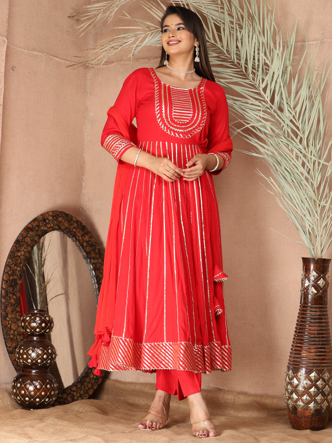 Red Gota Patti Work Anarkali Primum Rayon Kurta Pant Set with Chiffon Dupatta –3 Piece Salwar Kameez-750085