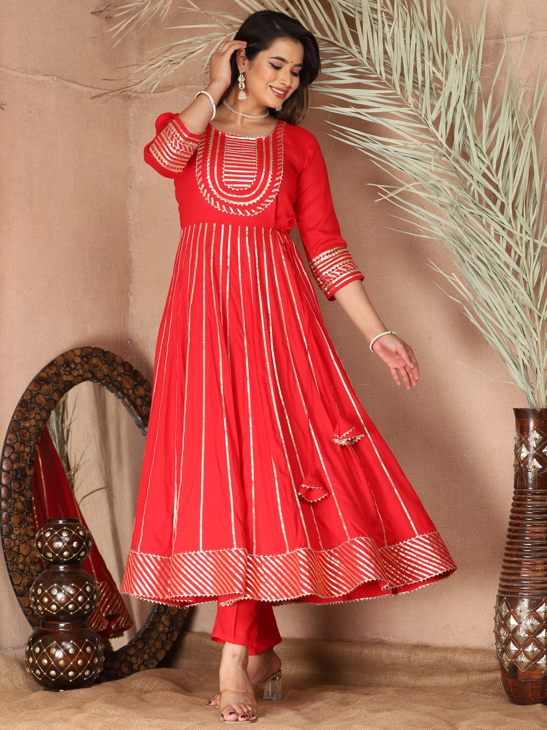 Red Gota Patti Work Anarkali Primum Rayon Kurta Pant Set with Chiffon Dupatta –3 Piece Salwar Kameez-750085