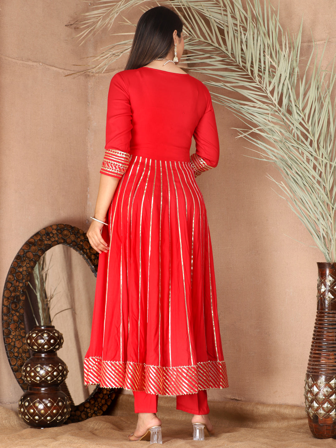 Red Gota Patti Work Anarkali Primum Rayon Kurta Pant Set with Chiffon Dupatta –3 Piece Salwar Kameez-750085