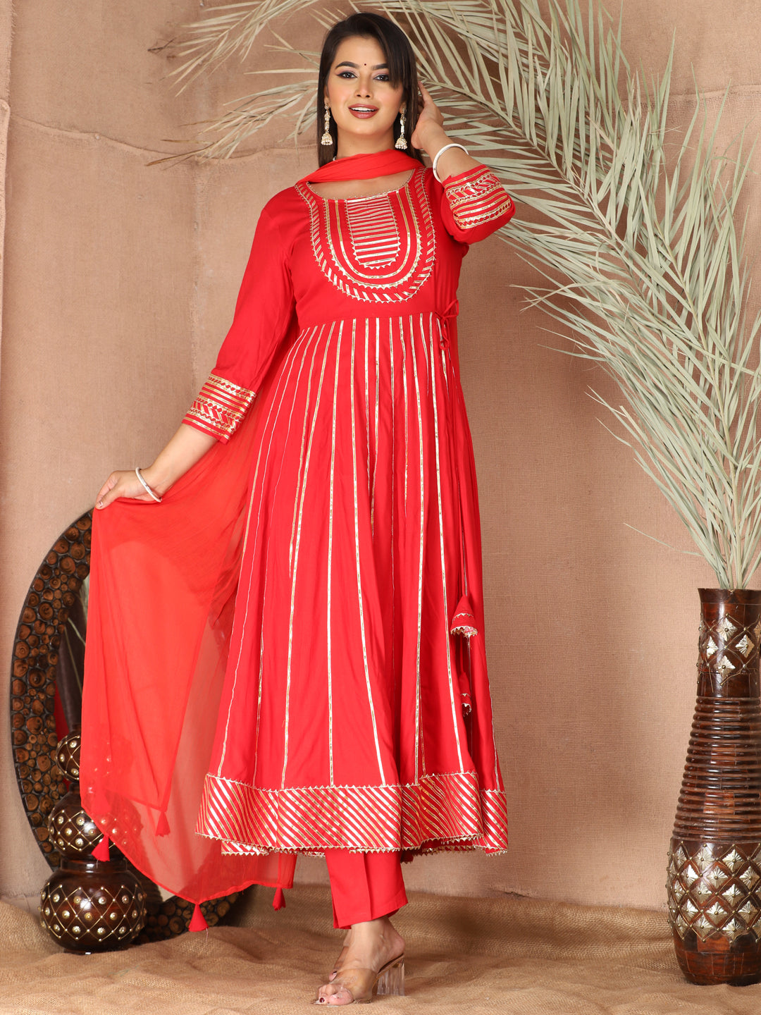 Red Gota Patti Work Anarkali Primum Rayon Kurta Pant Set with Chiffon Dupatta –3 Piece Salwar Kameez-750085
