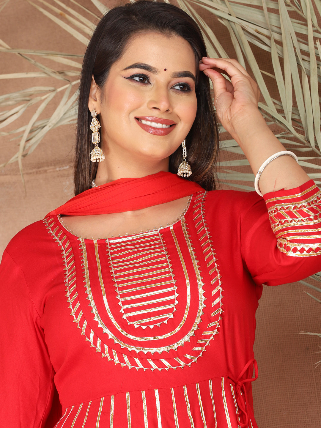 Red Gota Patti Work Anarkali Primum Rayon Kurta Pant Set with Chiffon Dupatta –3 Piece Salwar Kameez-750085