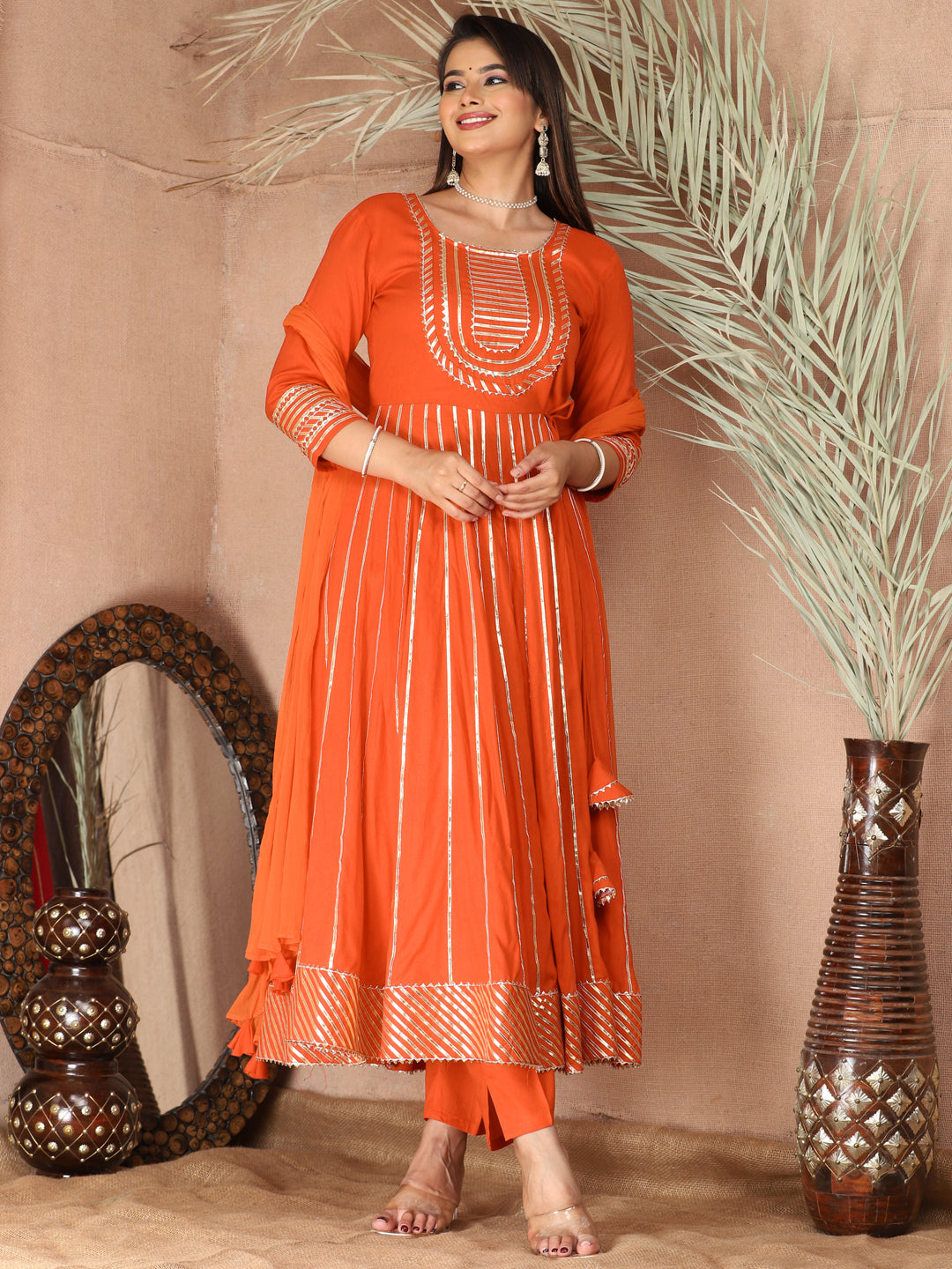 Orange Gota Patti Work Anarkali Primum Rayon Kurta Pant Set with Chiffon Dupatta –3 Piece Salwar Kameez-750086