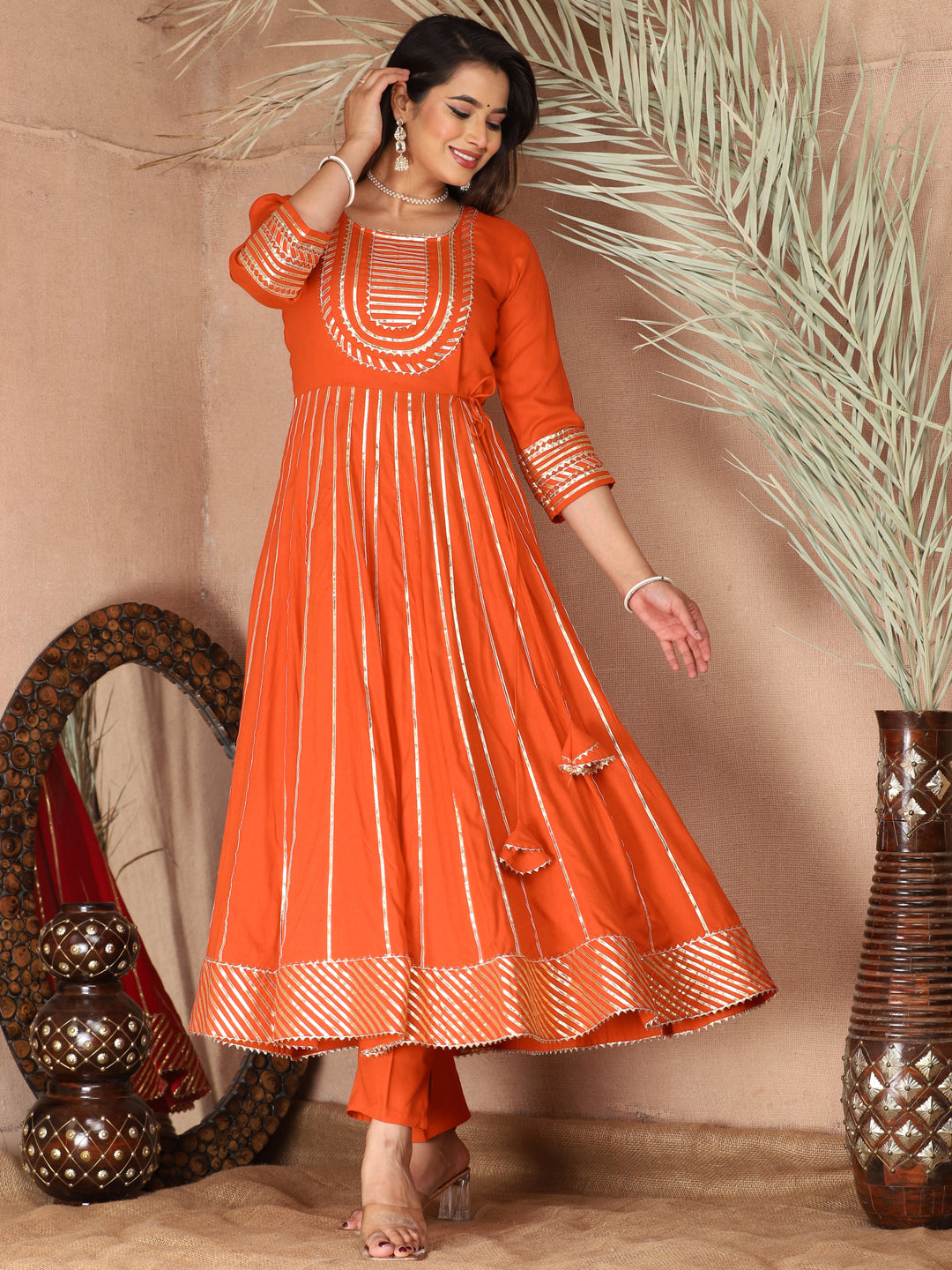 Orange Gota Patti Work Anarkali Primum Rayon Kurta Pant Set with Chiffon Dupatta –3 Piece Salwar Kameez-750086