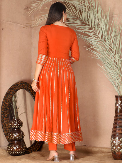 Orange Gota Patti Work Anarkali Primum Rayon Kurta Pant Set with Chiffon Dupatta –3 Piece Salwar Kameez-750086