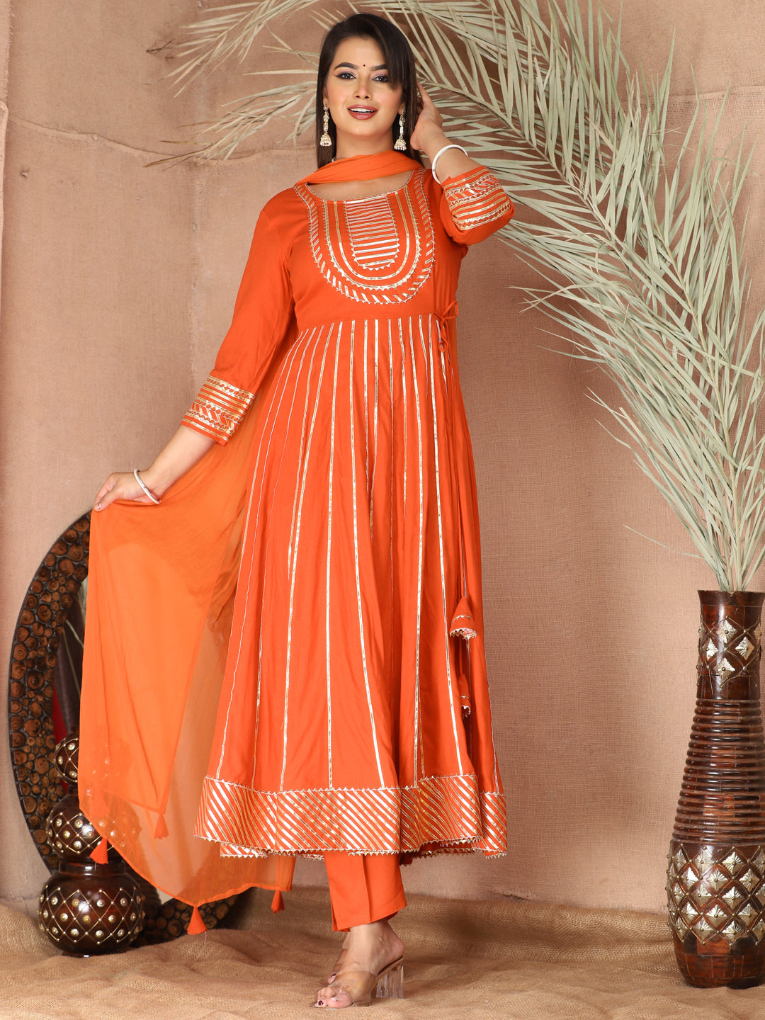 Orange Gota Patti Work Anarkali Primum Rayon Kurta Pant Set with Chiffon Dupatta –3 Piece Salwar Kameez-750086