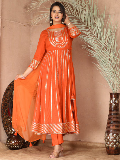 Orange Gota Patti Work Anarkali Primum Rayon Kurta Pant Set with Chiffon Dupatta –3 Piece Salwar Kameez-750086