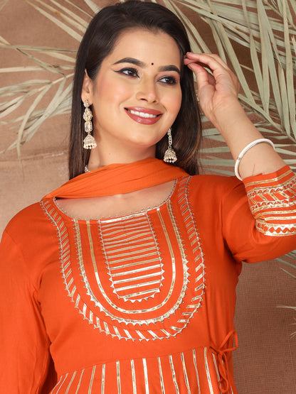 Orange Gota Patti Work Anarkali Primum Rayon Kurta Pant Set with Chiffon Dupatta –3 Piece Salwar Kameez-750086