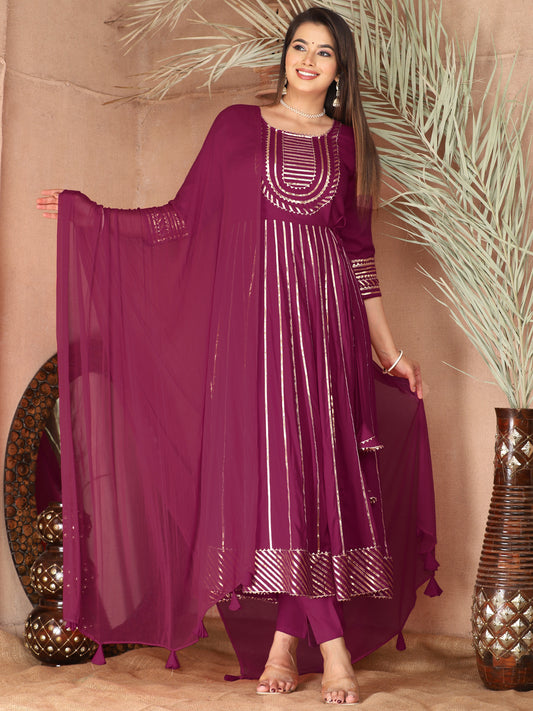 Purple Gota Patti Work Anarkali Primum Rayon Kurta Pant Set with Chiffon Dupatta –3 Piece Salwar Kameez-750087