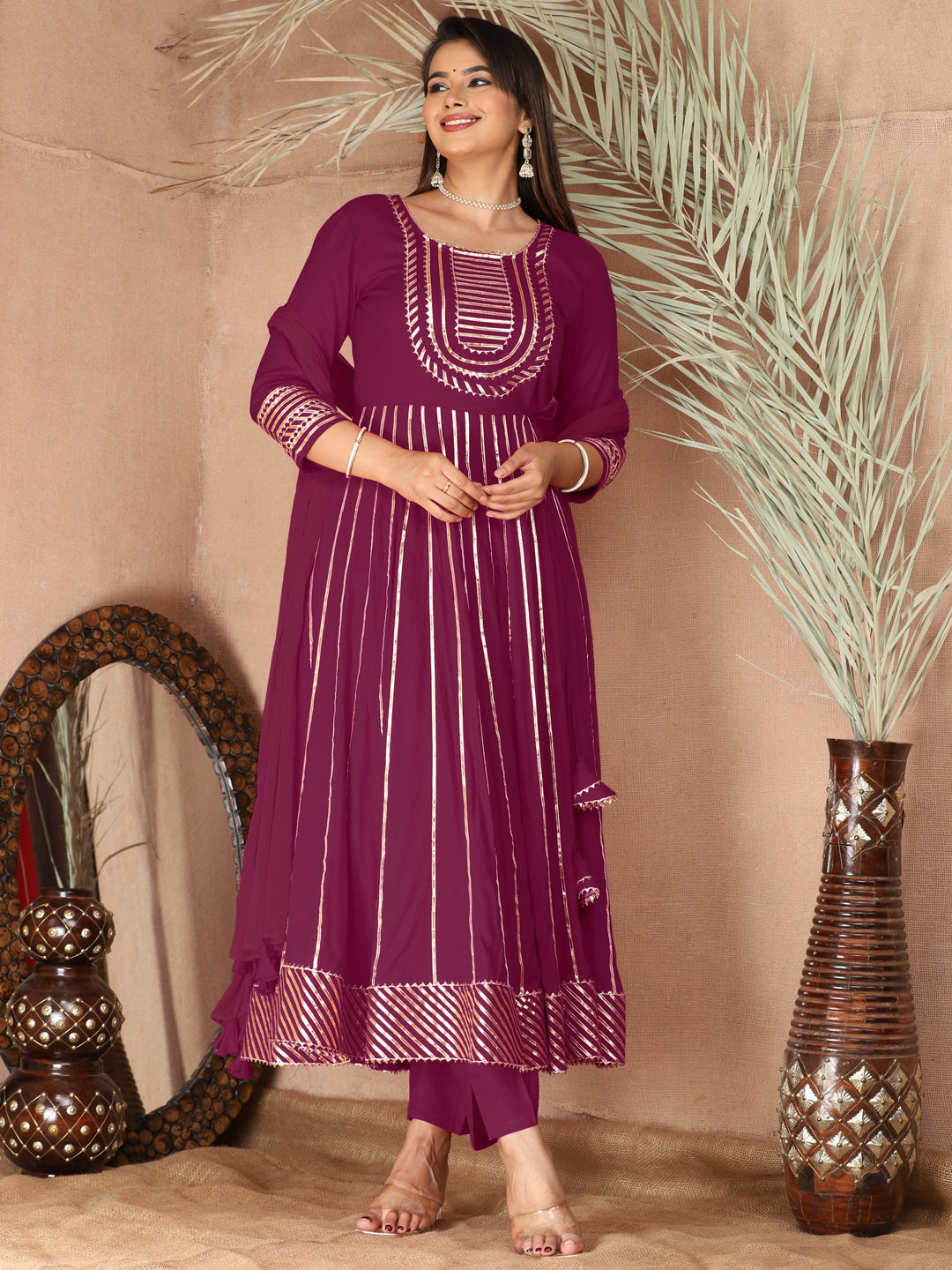Purple Gota Patti Work Anarkali Primum Rayon Kurta Pant Set with Chiffon Dupatta –3 Piece Salwar Kameez-750087