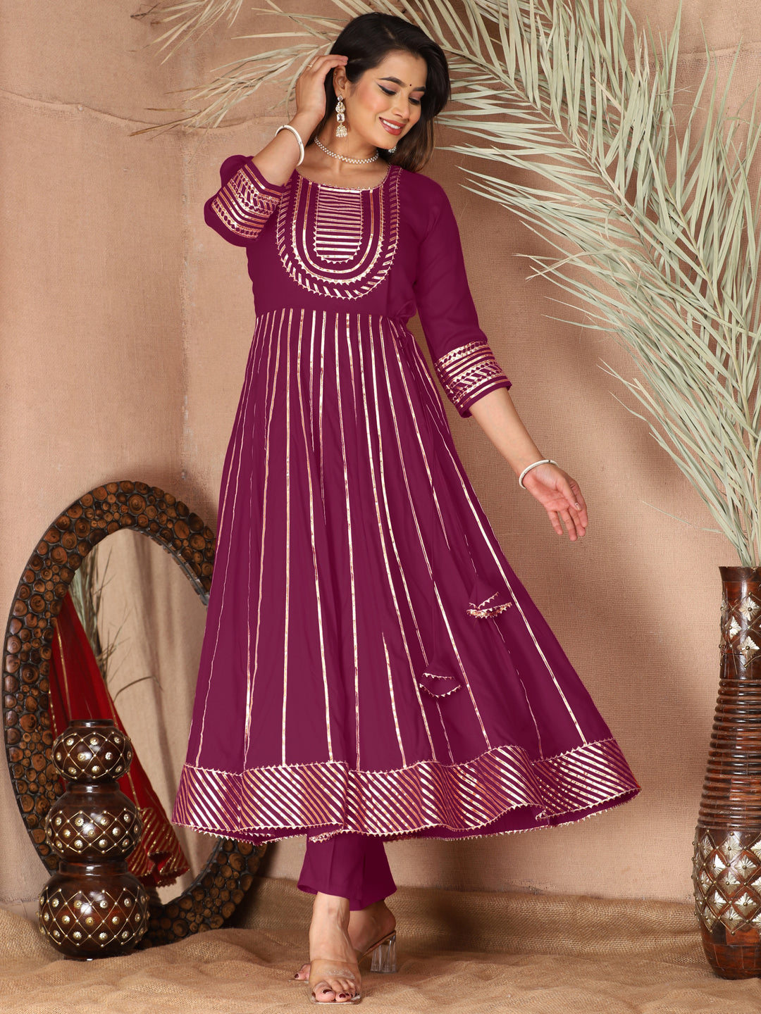 Purple Gota Patti Work Anarkali Primum Rayon Kurta Pant Set with Chiffon Dupatta –3 Piece Salwar Kameez-750087