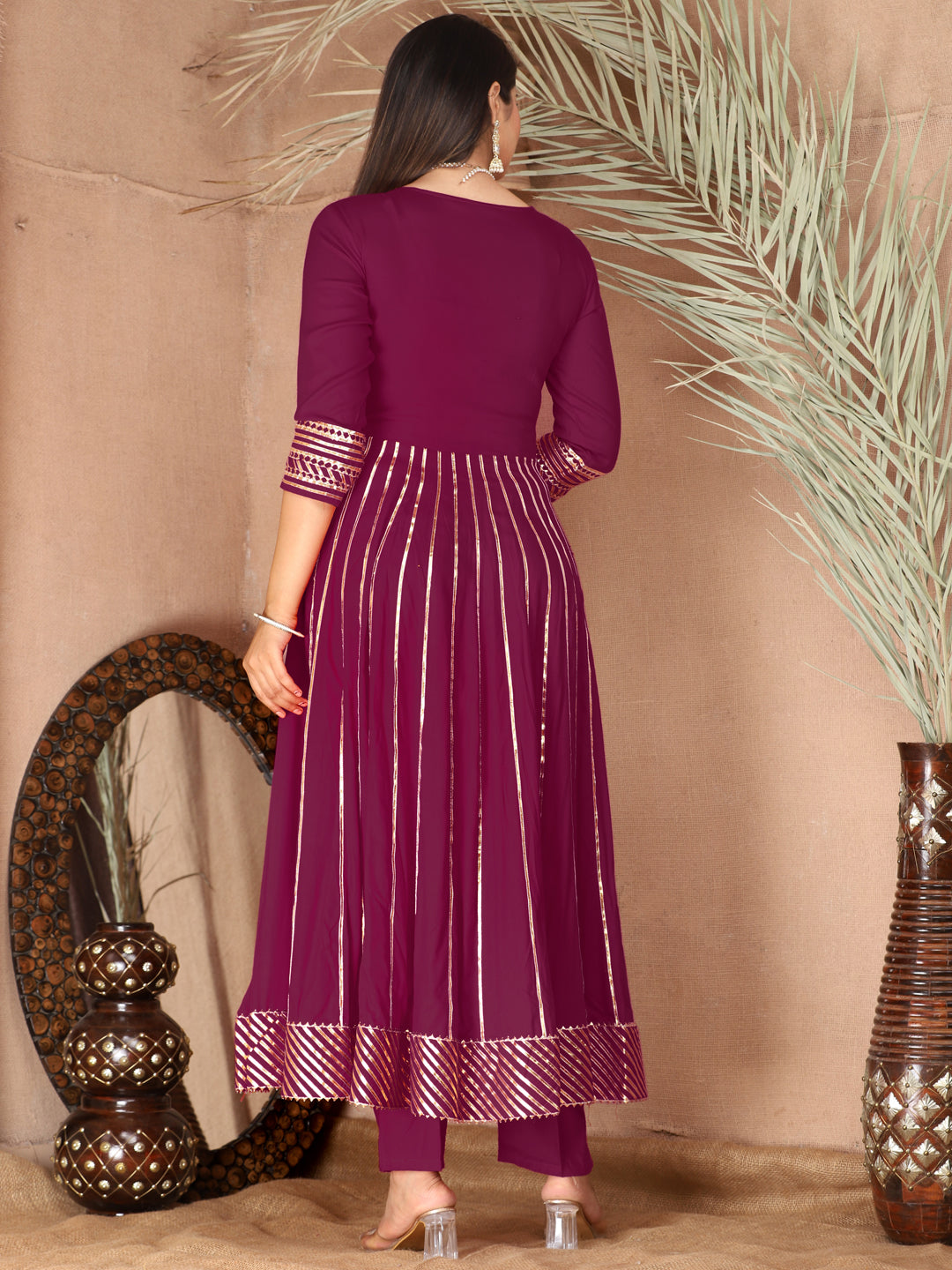 Purple Gota Patti Work Anarkali Primum Rayon Kurta Pant Set with Chiffon Dupatta –3 Piece Salwar Kameez-750087