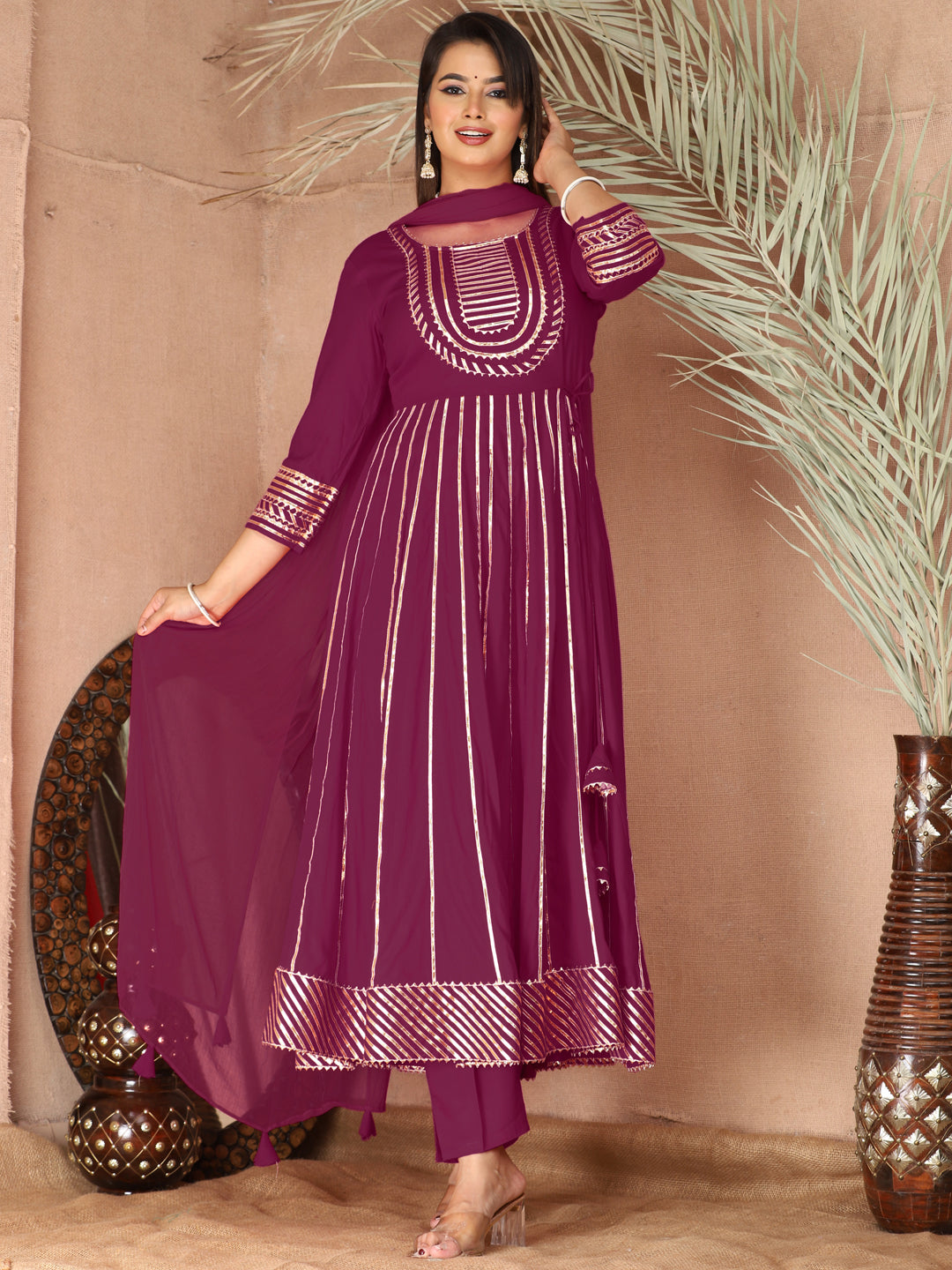 Purple Gota Patti Work Anarkali Primum Rayon Kurta Pant Set with Chiffon Dupatta –3 Piece Salwar Kameez-750087