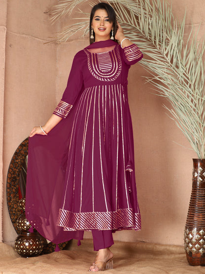 Purple Gota Patti Work Anarkali Primum Rayon Kurta Pant Set with Chiffon Dupatta –3 Piece Salwar Kameez-750087