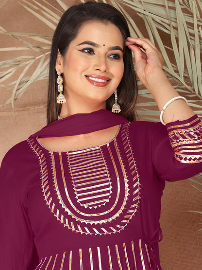 Purple Gota Patti Work Anarkali Primum Rayon Kurta Pant Set with Chiffon Dupatta –3 Piece Salwar Kameez-750087