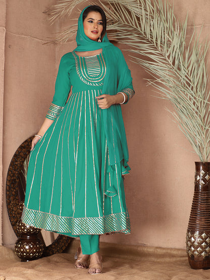 turquoise Gota Patti Work Anarkali Primum Rayon Kurta Pant Set with Chiffon Dupatta –3 Piece Salwar Kameez-750088