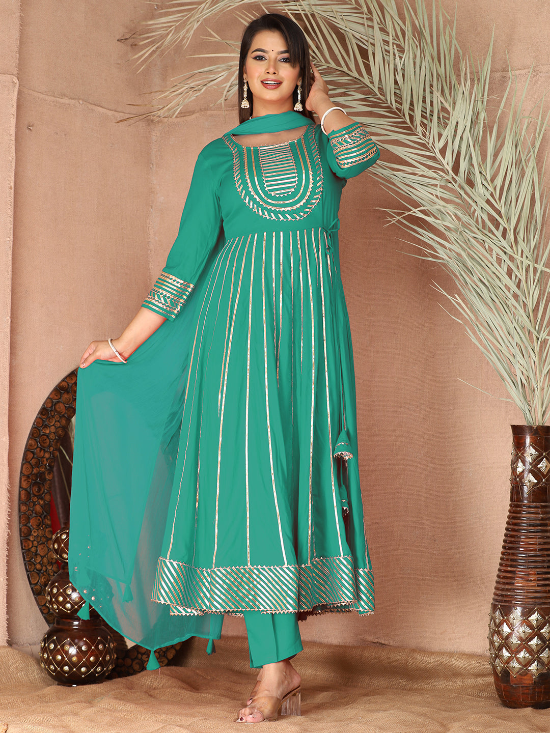 turquoise Gota Patti Work Anarkali Primum Rayon Kurta Pant Set with Chiffon Dupatta –3 Piece Salwar Kameez-750088