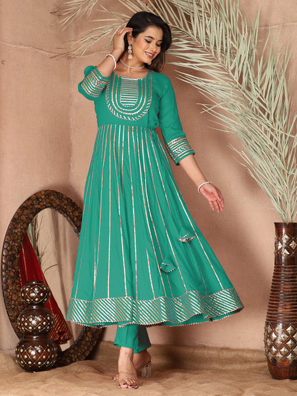 turquoise Gota Patti Work Anarkali Primum Rayon Kurta Pant Set with Chiffon Dupatta –3 Piece Salwar Kameez-750088