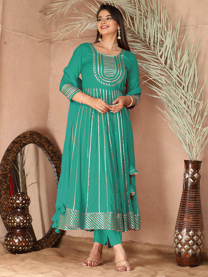 turquoise Gota Patti Work Anarkali Primum Rayon Kurta Pant Set with Chiffon Dupatta –3 Piece Salwar Kameez-750088