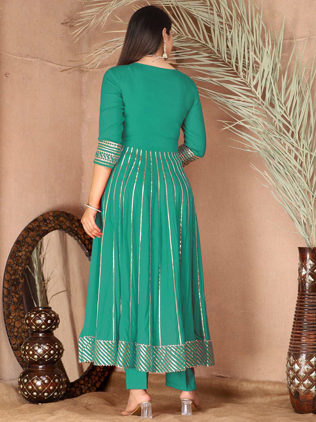 turquoise Gota Patti Work Anarkali Primum Rayon Kurta Pant Set with Chiffon Dupatta –3 Piece Salwar Kameez-750088
