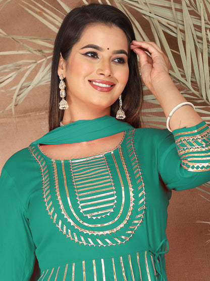 turquoise Gota Patti Work Anarkali Primum Rayon Kurta Pant Set with Chiffon Dupatta –3 Piece Salwar Kameez-750088