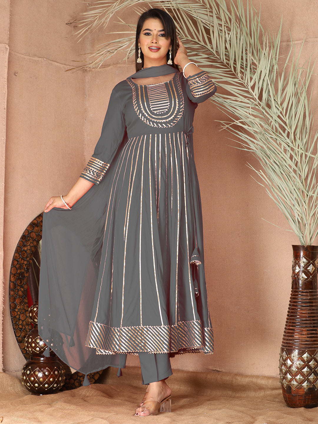 Grey Gota Patti Work Anarkali Primum Rayon Kurta Pant Set with Chiffon Dupatta –3 Piece Salwar Kameez-750089