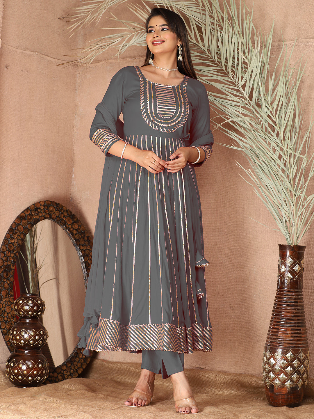 Grey Gota Patti Work Anarkali Primum Rayon Kurta Pant Set with Chiffon Dupatta –3 Piece Salwar Kameez-750089