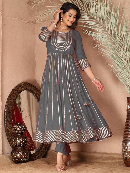Grey Gota Patti Work Anarkali Primum Rayon Kurta Pant Set with Chiffon Dupatta –3 Piece Salwar Kameez-750089