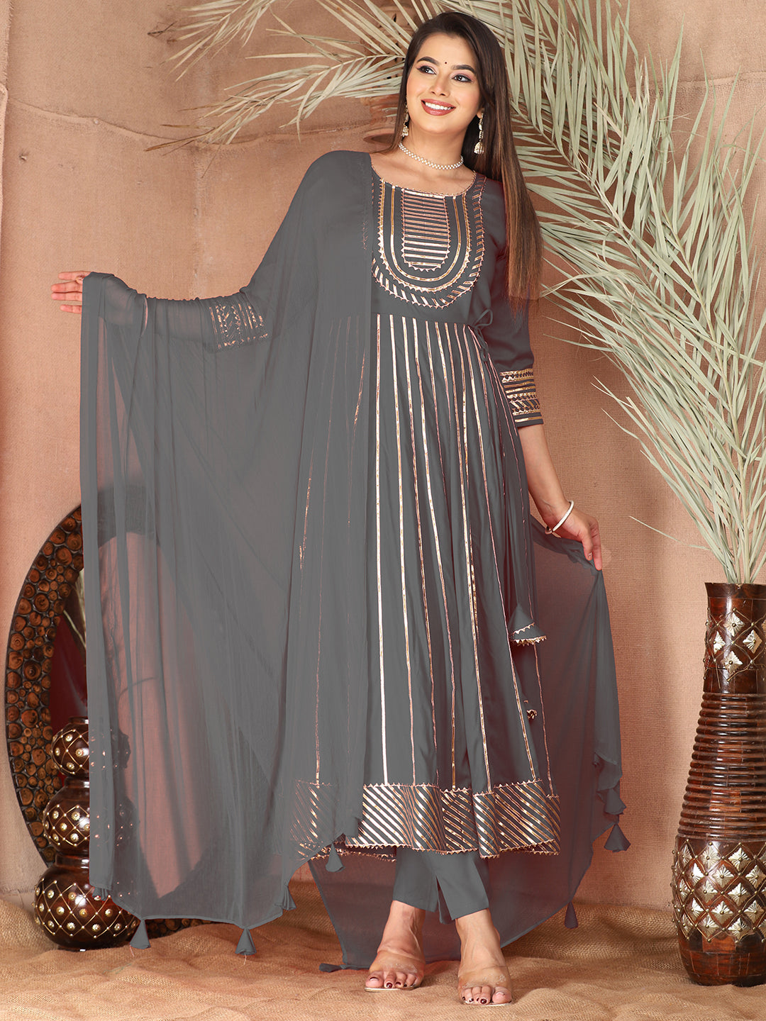 Grey Gota Patti Work Anarkali Primum Rayon Kurta Pant Set with Chiffon Dupatta –3 Piece Salwar Kameez-750089