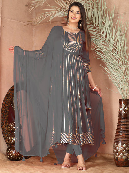 Grey Gota Patti Work Anarkali Primum Rayon Kurta Pant Set with Chiffon Dupatta –3 Piece Salwar Kameez-750089