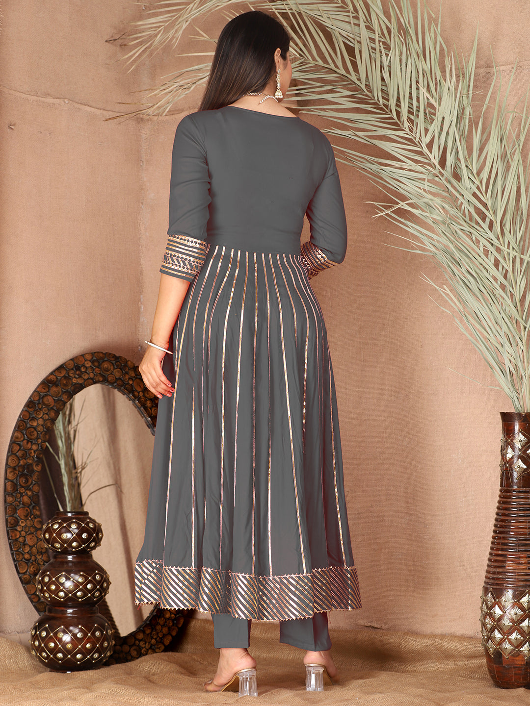 Grey Gota Patti Work Anarkali Primum Rayon Kurta Pant Set with Chiffon Dupatta –3 Piece Salwar Kameez-750089