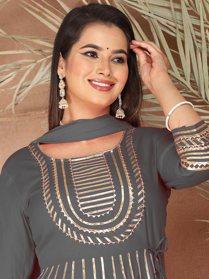 Grey Gota Patti Work Anarkali Primum Rayon Kurta Pant Set with Chiffon Dupatta –3 Piece Salwar Kameez-750089