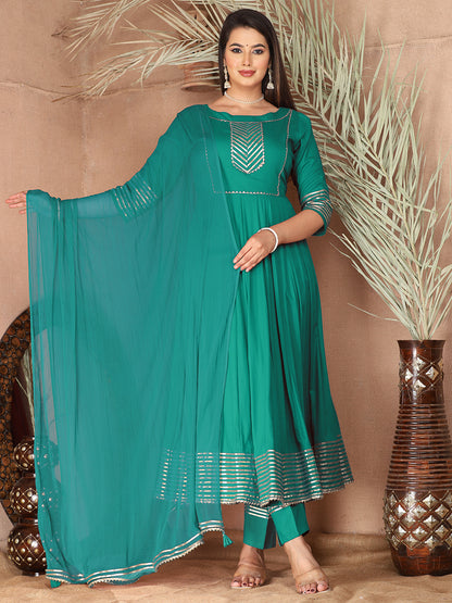 Turquoise Anarkali Rayon Kurta Pant Set with Chiffon Dupatta –3 Piece Salwar Kameez-750076