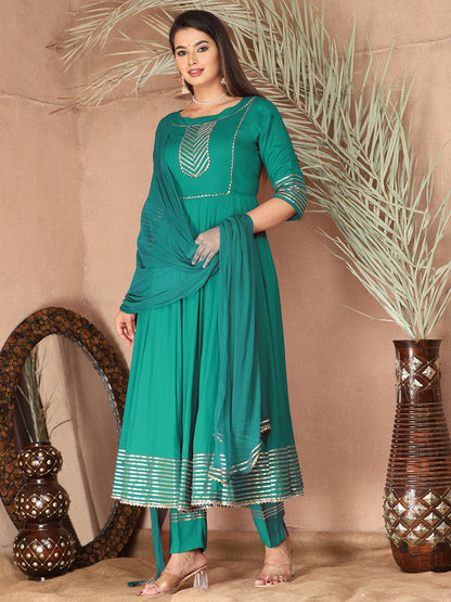 Turquoise Anarkali Rayon Kurta Pant Set with Chiffon Dupatta –3 Piece Salwar Kameez-750076