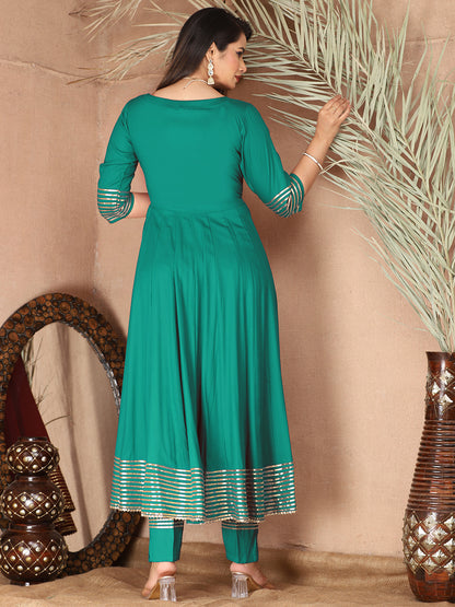 Turquoise Anarkali Rayon Kurta Pant Set with Chiffon Dupatta –3 Piece Salwar Kameez-750076
