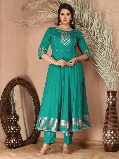 Turquoise Anarkali Rayon Kurta Pant Set with Chiffon Dupatta –3 Piece Salwar Kameez-750076