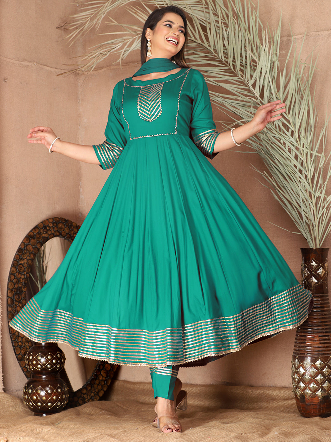 Turquoise Anarkali Rayon Kurta Pant Set with Chiffon Dupatta –3 Piece Salwar Kameez-750076