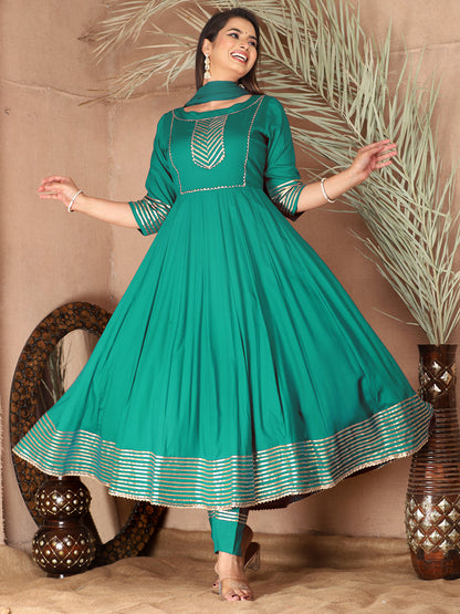 Turquoise Anarkali Rayon Kurta Pant Set with Chiffon Dupatta –3 Piece Salwar Kameez-750076