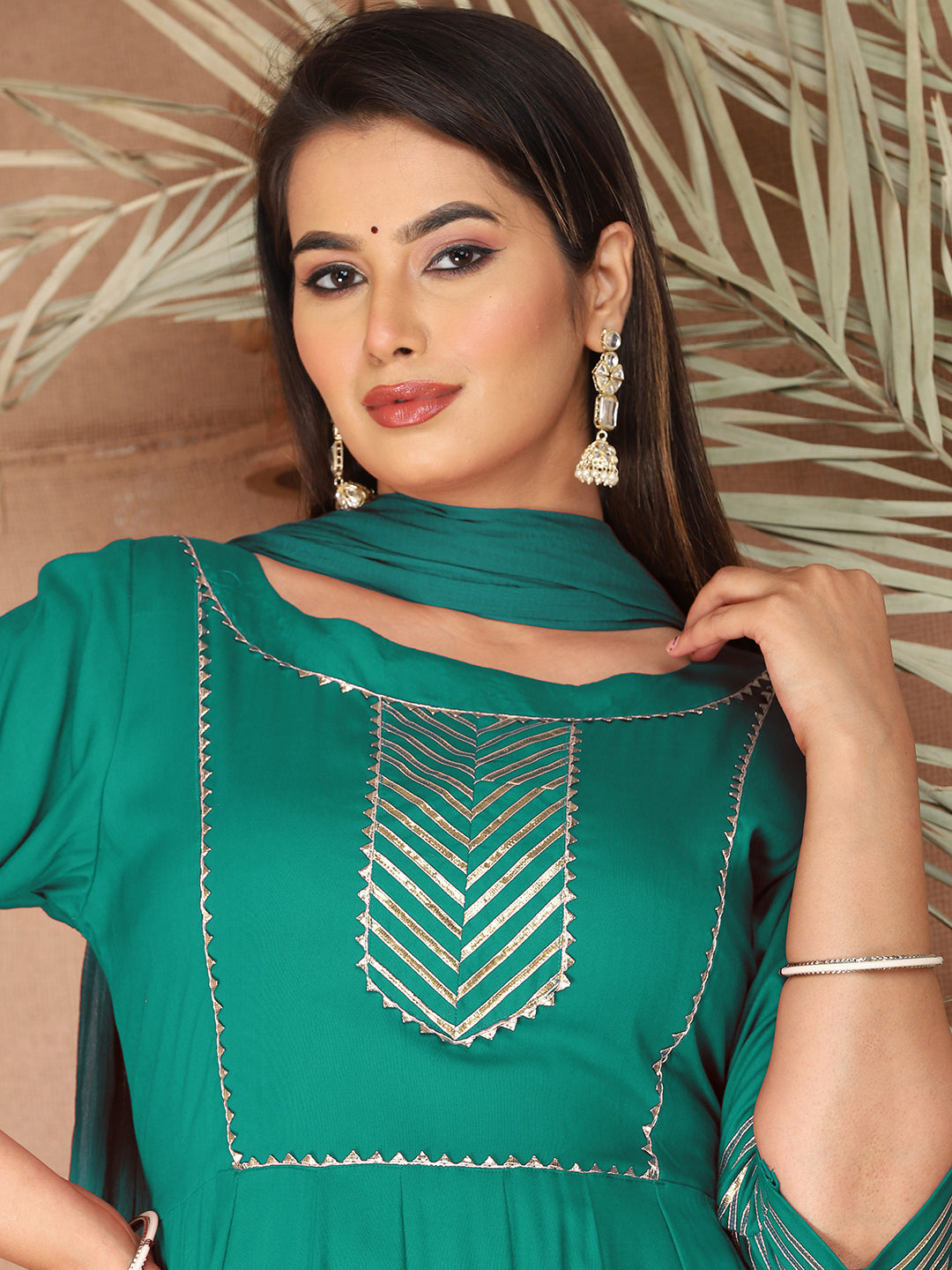 Turquoise Anarkali Rayon Kurta Pant Set with Chiffon Dupatta –3 Piece Salwar Kameez-750076