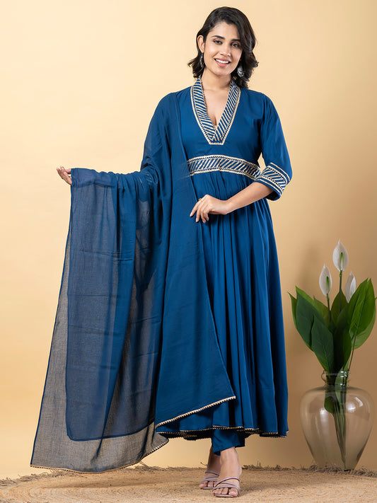 Blue Gota Patti Work Anarkali Premium Rayon Kurta Pant Set with Cotton Dupatta–3 Piece Salwar Kameez-750090