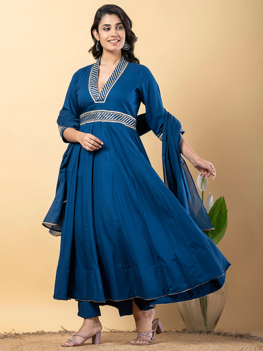 Blue Gota Patti Work Anarkali Premium Rayon Kurta Pant Set with Cotton Dupatta–3 Piece Salwar Kameez-750090