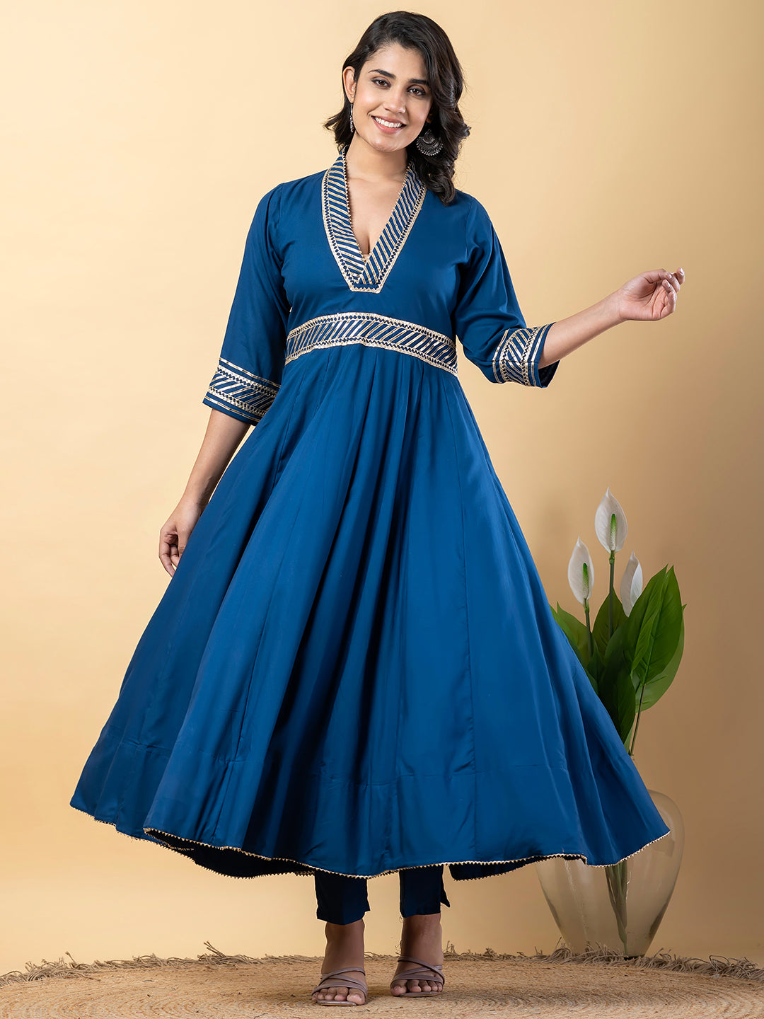 Blue Gota Patti Work Anarkali Premium Rayon Kurta Pant Set with Cotton Dupatta–3 Piece Salwar Kameez-750090