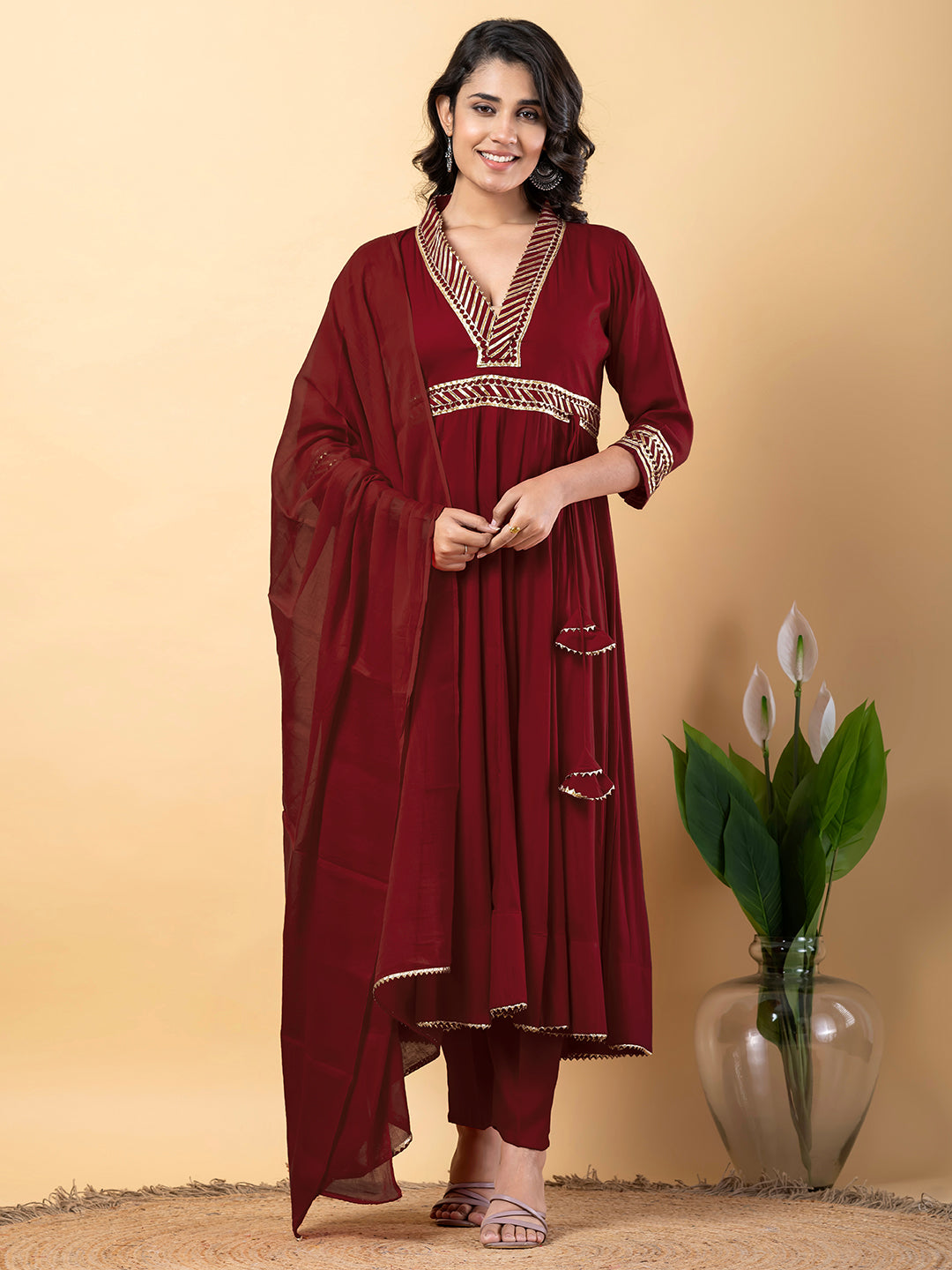 Maroon Gota Patti Work Anarkali Premium Rayon Kurta Pant Set with Cotton Dupatta–3 Piece Salwar Kameez-750091