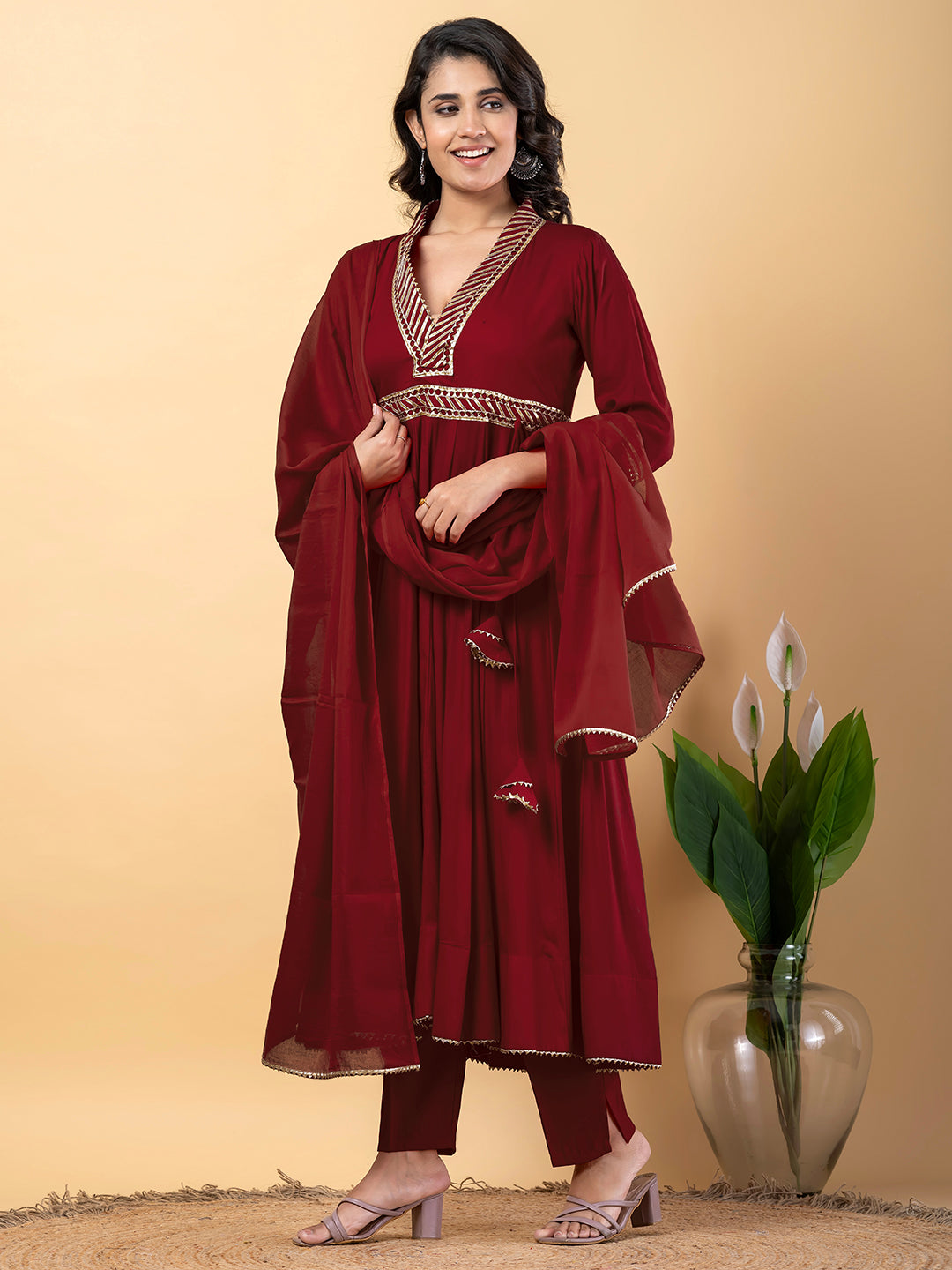 Maroon Gota Patti Work Anarkali Premium Rayon Kurta Pant Set with Cotton Dupatta–3 Piece Salwar Kameez-750091