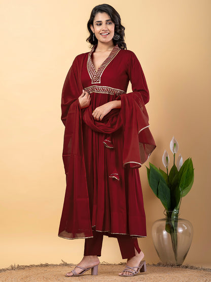 Maroon Gota Patti Work Anarkali Premium Rayon Kurta Pant Set with Cotton Dupatta–3 Piece Salwar Kameez-750091