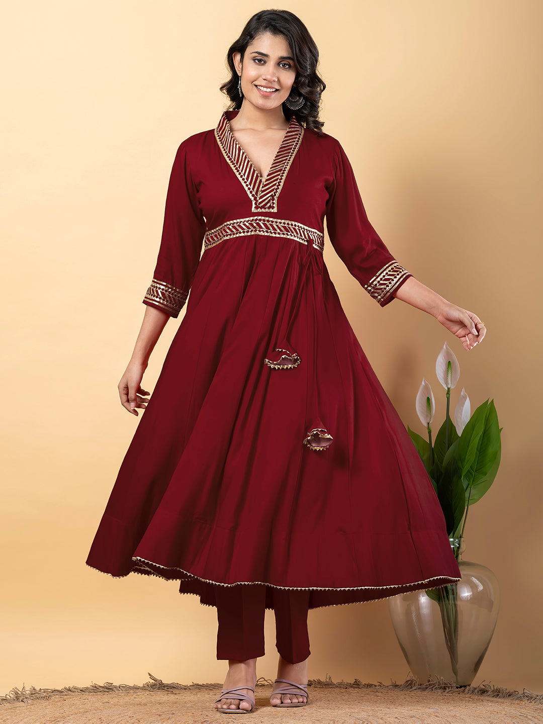 Maroon Gota Patti Work Anarkali Premium Rayon Kurta Pant Set with Cotton Dupatta–3 Piece Salwar Kameez-750091