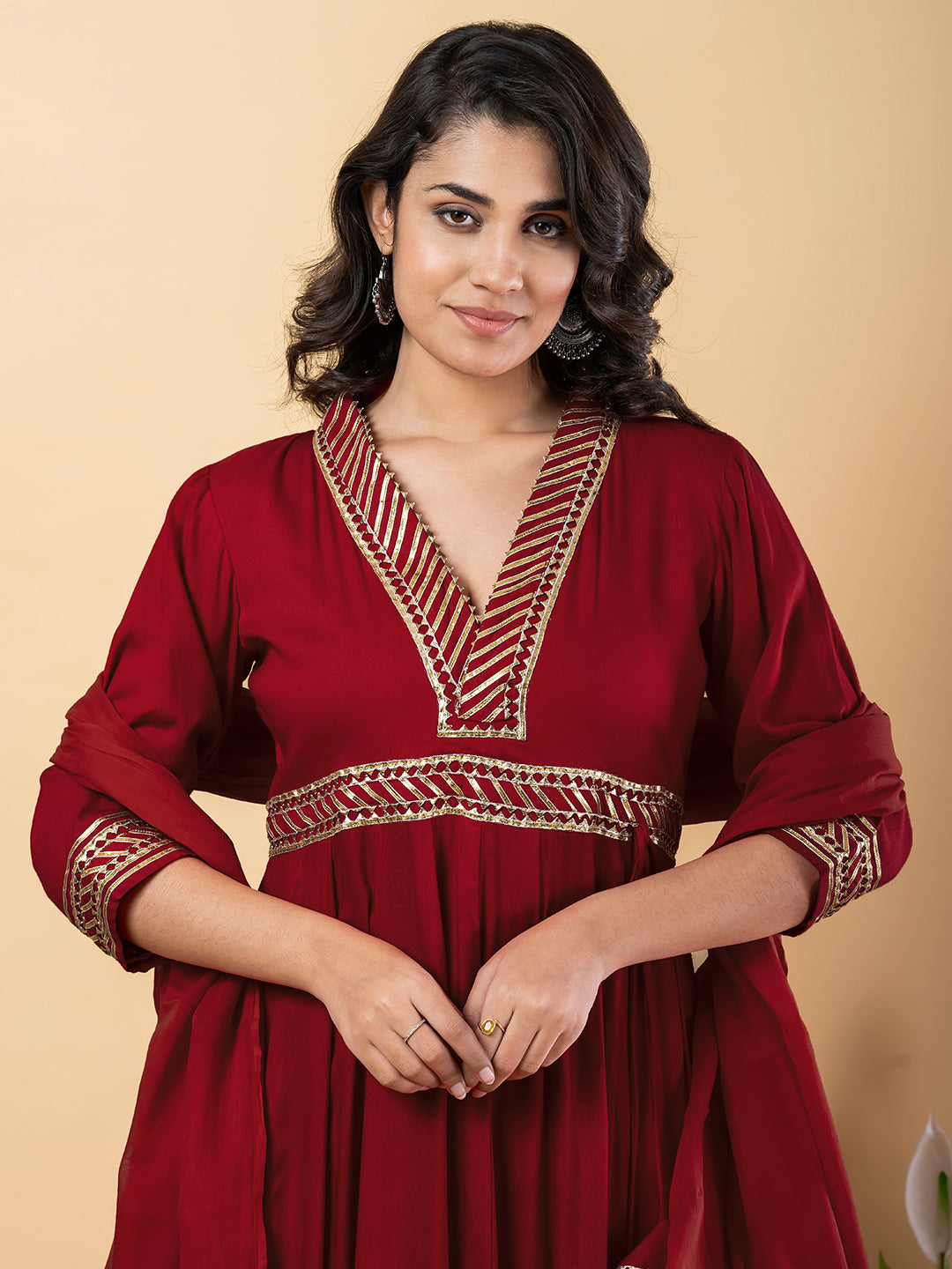 Maroon Gota Patti Work Anarkali Premium Rayon Kurta Pant Set with Cotton Dupatta–3 Piece Salwar Kameez-750091